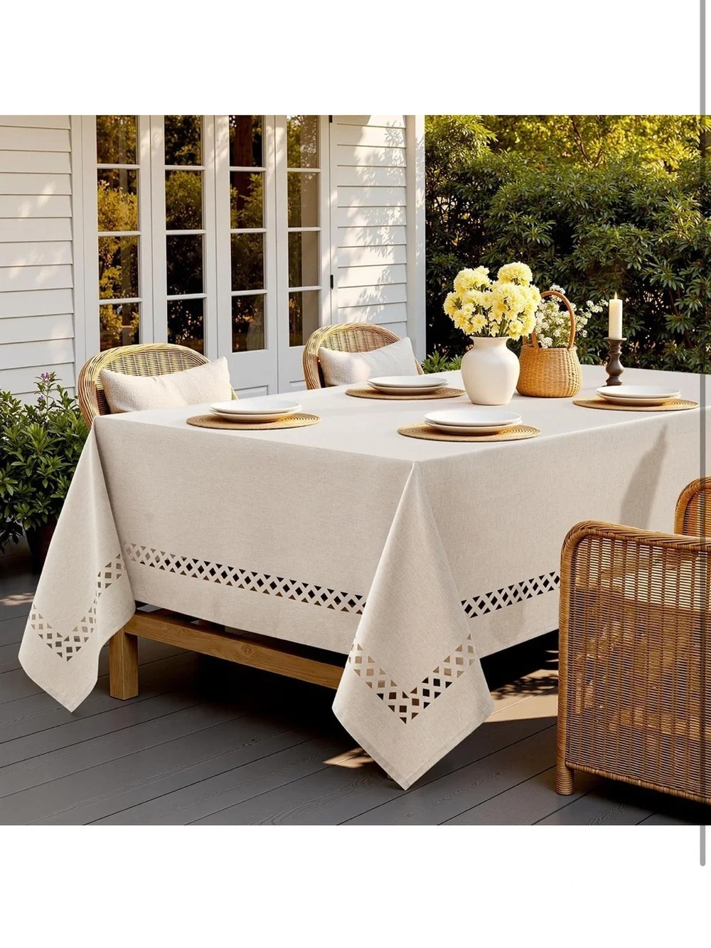 Beige Rectangle Linen Polyester Tablecloth With Decorative Cutouts 1494/bb8-1